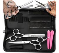 Retoo Set Forbici Silver da taglio per capelli in acciaio inossidabile da 6 pollici affilate con pettine, fermagli da barbiere, custodia in pelle, 2 pezzi - Forbici per sfoltire e forbici per sfoltire
