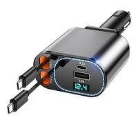 Retractable Car Charger 123W Car Phone Charger Car Power Adapter with Dual USB C Cables USB A PD QC 4 in 1 Fast Charging Cigarette Lighter for iPhone 16/15 Samsung Galaxy S25/S24 Ultra MacBook, Laptop