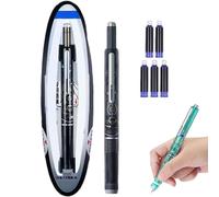 Retractable Fountain Pen: 0.38mm Blue & Black Ink Transparent Barrel, Includes 5 Refillable Ink Cartridges, Fine Nib Set for Journaling, Office, Calligraphy, Drawing (Black,Erasable blue ink)