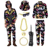 Retro 80s 90s Hip Hop Outfit for Adults, 80s Fancy Dress Set with Sportswear Jacket&Pants, Hat Dollar Ring Necklace Bracelet Glasses Inflatable Phone, Shell Suit for 80s Party Halloween Carnival