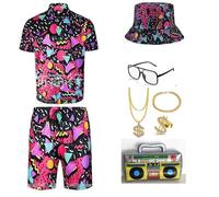 Retro 80s 90s Hip Hop Outfit for Adults, 80s Fancy Dress Set with Sportswear Shirt &Short, Hat Dollar Ring Necklace Bracelet Inflatable Radio Glasses, Beach Tracksuit for 80s Party (Rose Red, L)