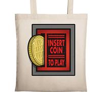 Retro A r c a d e Insert Coin to Play Borsa tote in cotone ecologico naturale beige