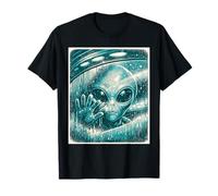 Retro Alien Behind Foggy UFO Window Funny Sci-Fi Graphic Tee Maglietta
