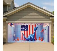 Retro American Garage Door Cover, Patriottico Dinosauro Bagno Grande Garage Banner Decorazioni, Divertente Decorazione Estiva Estiva Esterna 390x180 Pollici