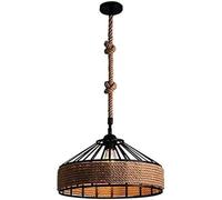 Retro American Industrial Vintage Round Hemp Rope Pendant Light Personality Black Painted Metal Chandelier Iron Ceiling Lighting Fixture for Cafe Barn Bar Kitchen Island(16.7in)