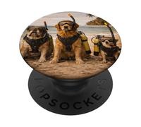Retro anni '70 e '80 cani su una spiaggia per immersioni subacquee divertenti PopSockets PopGrip Adesivo