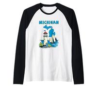 retrò, Barca a Vela, e, Faro, in, Michigan, Grandi Laghi Maglia con Maniche Raglan