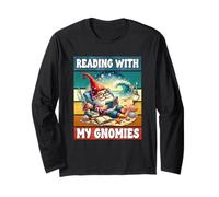 Retro Beach Gnome Reading Book Graphic Funny Teacher Summer Maglia a Manica
