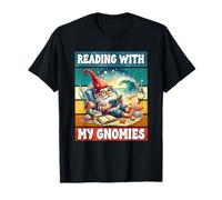 Retro Beach Gnome Reading Book Graphic Funny Teacher Summer Maglietta