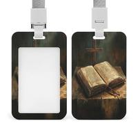 Retro Bibbia aperta su un tavolo con una croce ID porta badge clip retrattile porta carte di credito protezione nome badge targhetta per lavoro ufficio medico infermiera
