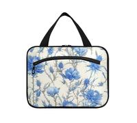 Retro Blue White Roses Thistles and Thorns Hanging mens borse da toilette per viaggiare con gancio, designer necessità borse cosmetiche per le donne must haves viaggio estuche para brochas maquillaje