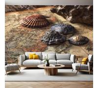 Retrò Carta da Parati Mappa del mondo e conchiglie Fotografica 3D Effetto 400x280 cm TNT Murale Decor da Muro Soggiorno Camera da Letto Sala Cucina Camera dei Bambini