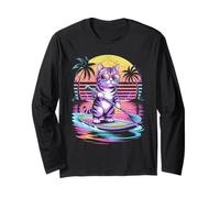 Retro Cat Paddleboarding Tramonto Anni '80 Synthwave Feline Maglia a Manica