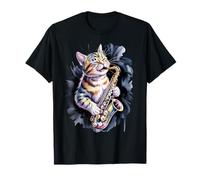 Retro Cat Playing Saxophone Jazz Music Lover Funny Art Maglietta