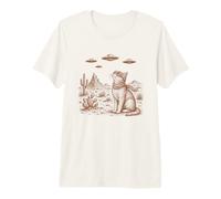 Retro Cat UFO Deserto Vintage Illustrazione Alieno Sci-Fi Art Maglietta Premium