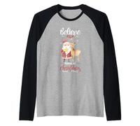 Retro Christmas Believe in The Magic Cute Renna & Santa Maglia con Maniche Raglan