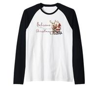 Retro Christmas Believe in The Magic Cute Renna & Santa Maglia con Maniche Raglan