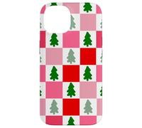 Retro Christmas Trees in Red and Pink Checkered Pattern Custodia per iPhone 14
