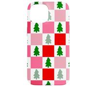 Retro Christmas Trees in Red and Pink Checkered Pattern Custodia per iPhone 15