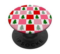 Retro Christmas Trees in Red and Pink Checkered Pattern PopSockets PopGrip Adesivo