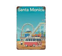 Retro City Wall Art Poster da Viaggio in Metallo America Santa Monica Travel Targa in Metallo Vintage Decorazione da Parete per la casa Cancello Bar da Giardino Ristoranti caffè Ufficio Negozio Pub
