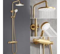 Retrò Colonna Doccia Oro spazzolato, 3 Funzioni Kit Set Ottone Doccia Rotondo da 23.5 cm ad alta Pressione con Doccetta, Set Combinato Miscelatore Doccia a Pioggia, Montato a Parete per Bagno