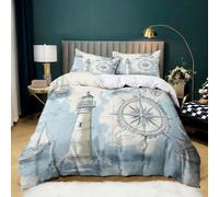 Retrò Copripiumino 200x200 barca a vela del faro dell'oceano Set Copripiumino Matrimoniale Stampati 3 Pezzi Set di Biancheria da Letto in Microfibra 1 Copripiumino E 2 Federe, per Bambini/Adulti