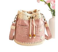 Retro Crochet Trim coulisse Daisy ricamo Bucket Bag, Rosa