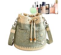 Retro Crochet Trim coulisse Daisy ricamo Bucket Bag, Verde (verde chiaro)