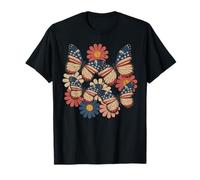 Retro Daisy Fiori Farfalle Bandiera Americana USA 4 luglio Maglietta