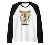 Retro Felice Anno Nuovo 2026 Gesù Cristo Capodanno Maglia con Maniche Raglan