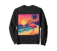 Retro fenicottero godendo un tramonto su una spiaggia sabbiosa con palme Felpa