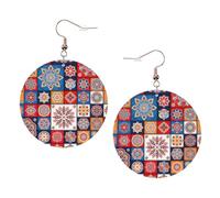 Retro Flowwer Stampa Piercing Rotondo Orecchini In Pelle Set 1 Paio di Eleganti Orecchini In Pelle Pendenti Cerchio Per Le Donne Gioielli Regali, One Size, Poliestere