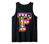 Retro Funky Multi Pattern Marquee Lettera F Monogramma Canotta