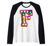 Retro Funky Multi Pattern Marquee Lettera F Monogramma Maglia con Maniche Raglan