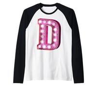 Retro Funky Pink Marquee Lettera D Monogramma Iniziale Maglia con Maniche Raglan