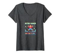 Retro Gamer: Pixel Art Nostalgia per Gli Appassionati di Gioco Classico Maglietta con Collo a V, Donna, Grigio Scuro, M