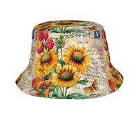 Retro Girasole Floreale Lettera Timbro Ruota Secchiello Cappelli per Donna Uomo Unisex Cappelli da Pescatore Estivi Adolescenti Protezione Solare cap Packable Trendy Viaggi Beach Vacation cap Nero