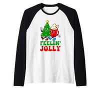 Retro Groovy Feelin' Jolly Albero di Natale E Hot Cocoa Xmas Maglia con Maniche Raglan