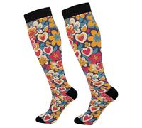 Retro Groovy Hippie Flowers And Hearts Pattern Calze Graduata Calze Contenitive Compression Socks Per Recupero Circolazione Atletica Trekking 1 Paio 50Cm