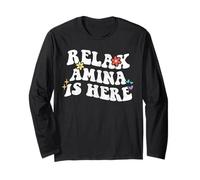 Retro Groovy Relax Amina Is Here Divertente Festa della Mamma Nome Maglia a Manica