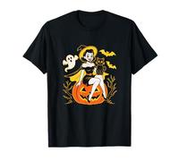 Retro Halloween Pin Up Witch Black Cat Jack O Lanterna Maglietta