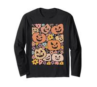 Retro Halloween Zucca Fiori Grafica spettrale Autunno estetico Maglia a Manica