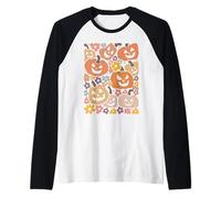 Retro Halloween Zucca Fiori Grafica spettrale Autunno estetico Maglia con Maniche Raglan