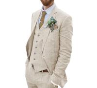 Retro Lino Uomo Vestito Spiaggia Abito Da Sposa Estate Slim Fit 3 Pezzi Leggero Lino Vestito Giacca Gilet Pantalone Ritorno A Casa Smoking, Beige, XL