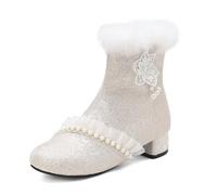 Retro Lolita - Stivali da neve da donna, in pizzo, con cerniera laterale, punta rotonda, tacco a blocco, caldi stivaletti invernali corti, Albicocca, 39 EU