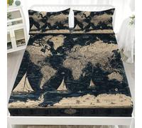 Retrò Mappa Del Mondo E Carta Sailing Lenzuolo con Angoli Singolo 90x200 cm, Blu Lenzuolo con Angoli in Microfibra Traspirante Tasca Profonda 30 cm, Coprimaterasso Lavabile in Lavatrice