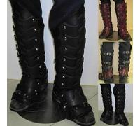 Retro Medievale Soldato Cavalieri Stivali Copertura Scarpe Regolabili Fibbia Pu Pelle Impermeabile Armatura Antiacchino Gotico Mezzi Gambali Ghetta, Black