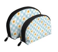 Retro motivo a quadri blu con fiori di margherite, Borsa per trucco a conchiglia Portamonete da donna Borsa da toilette piccola Borsa per cosmetici 2 pezzi