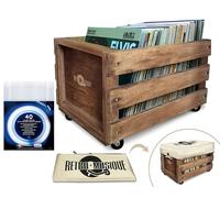 Retro Musique Cassetta di stoccaggio per dischi in vinile in legno da 12" su ruote Può contenere fino a 100 album con copertura in tessuto assiano include 40 maniche esterne LP (finitura Rovere)
